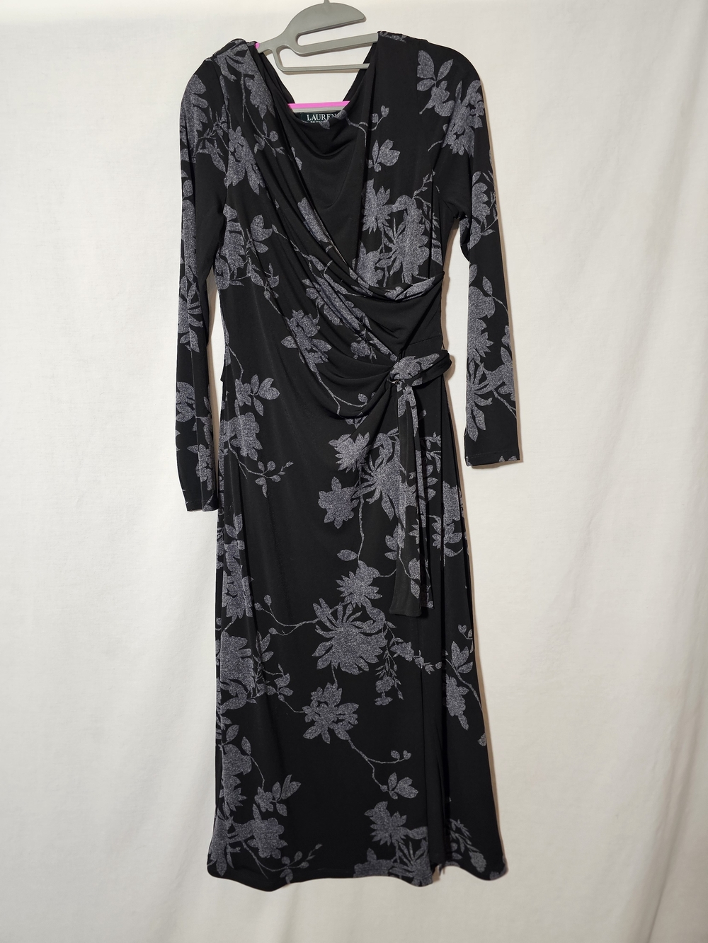 Lauren Ralph Lauren Women's Black Gray Floral Wrap Boat Neck Midi Dress